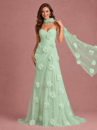 Blush Pink Strapless Sweetheart 3D Floral Tulle Mermaid Prom Dress
