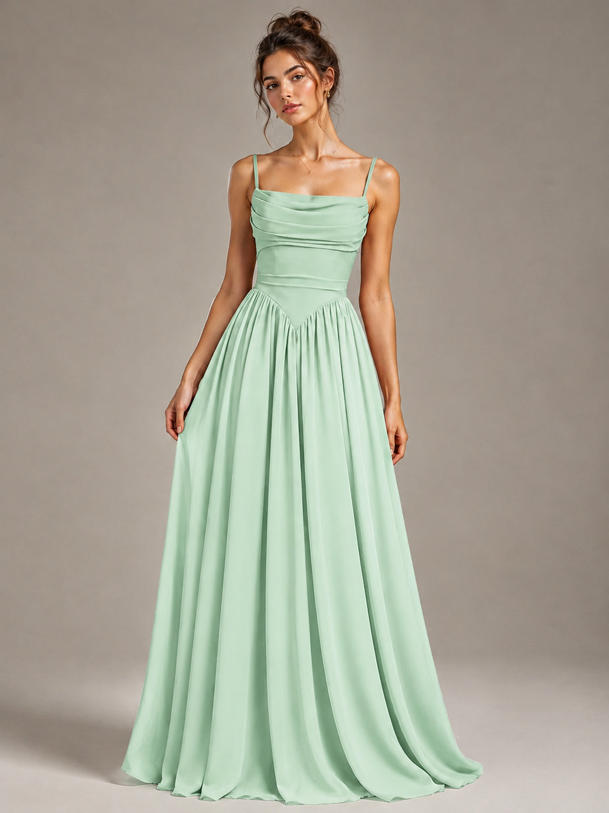Spaghetti Strap Ruched Chiffon Maxi Dress with Backless