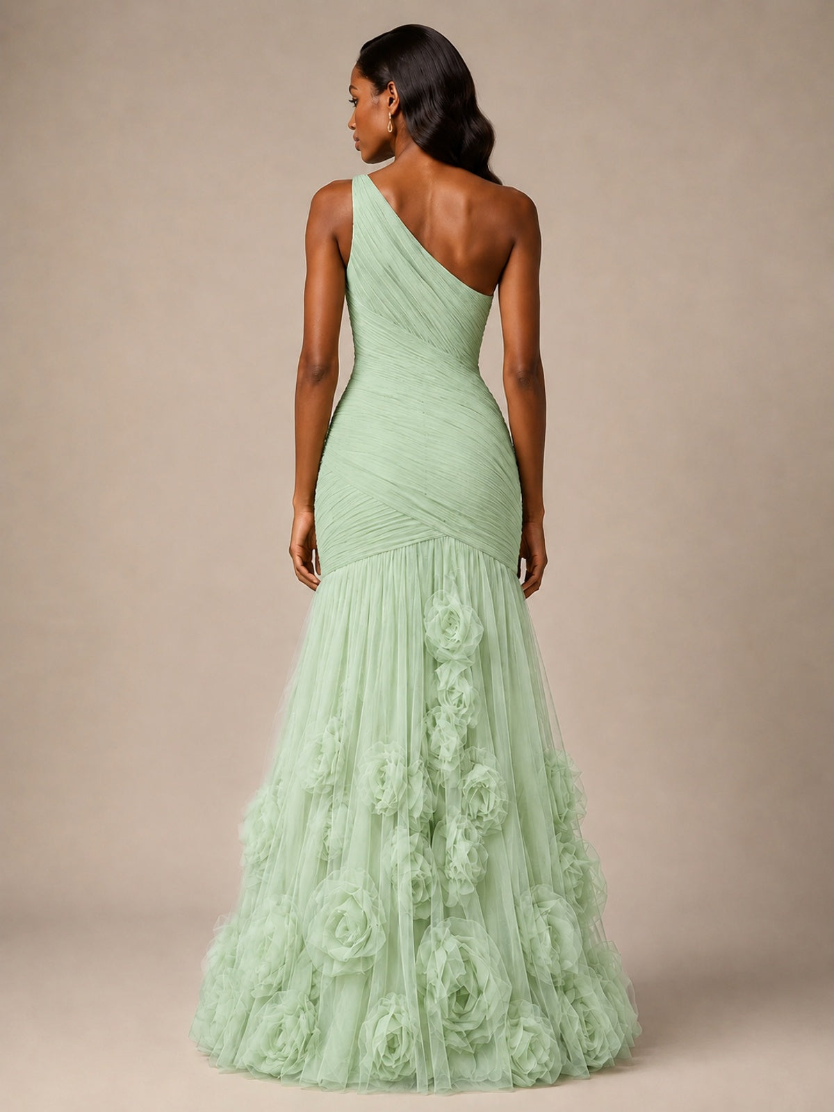Blush Pink One Shoulder 3D Floral Mermaid Prom Dress
