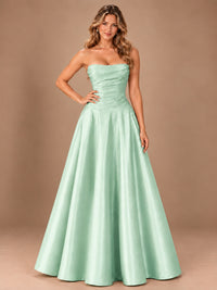Blush Pink Strapless Satin A-Line Prom Dress with Ruched Bodice