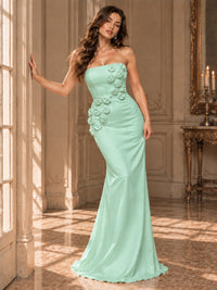 White Strapless Mermaid Maxi Dress with 3D Floral Appliques