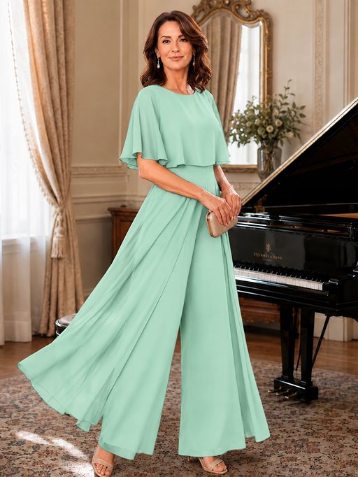 Chiffon Mother of the Bride Jumpsuit with Layered Cape Sleeves