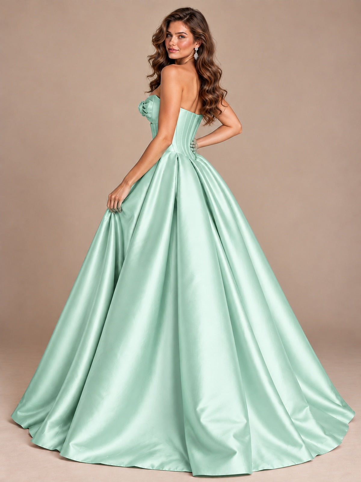 Pink Strapless Corset Satin Prom Derss & Ball Gown with 3D Floral