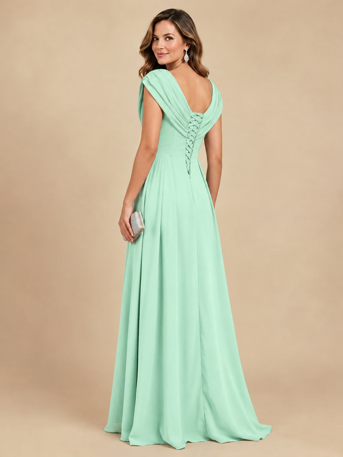 V Neck Pleated Mother of The Bride Dresses with Beading Cap Sleeves