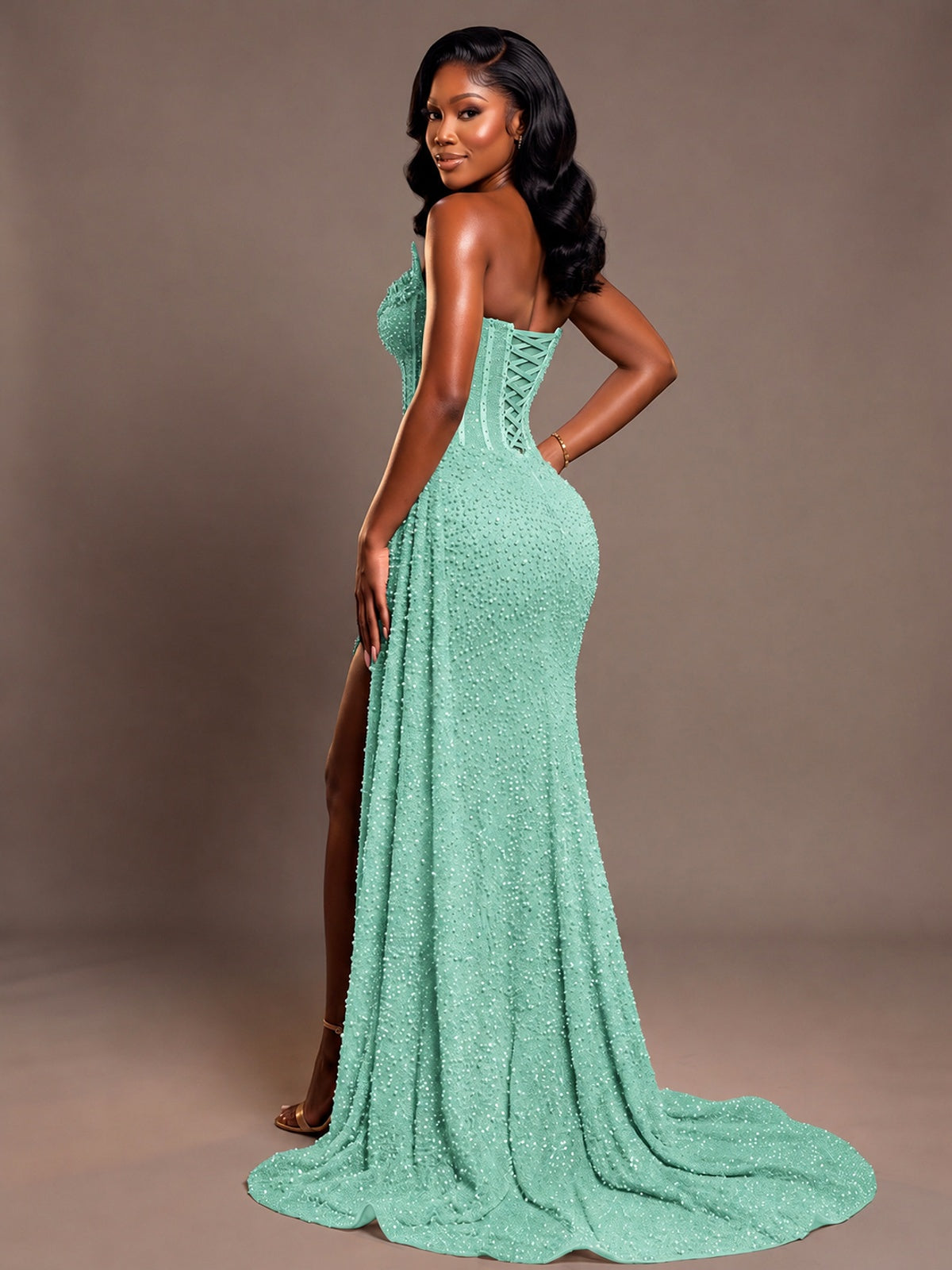 Luxury Strapless Sequin Corset Mermaid Prom Dress with High Slit & Train