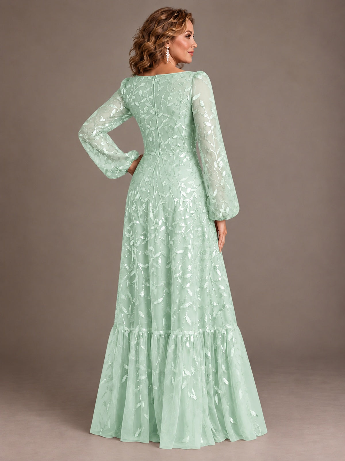 Floral Sequin Embroidered A-Line Mother of the Bride Dress with Long Sleeves