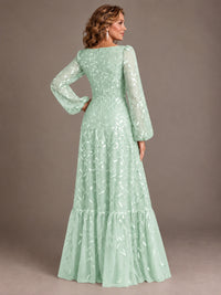Floral Sequin Embroidered A-Line Mother of the Bride Dress with Long Sleeves