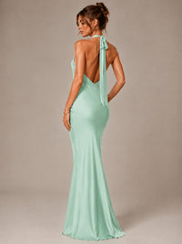 Olive Green Halter Satin Mermaid Maxi Dress