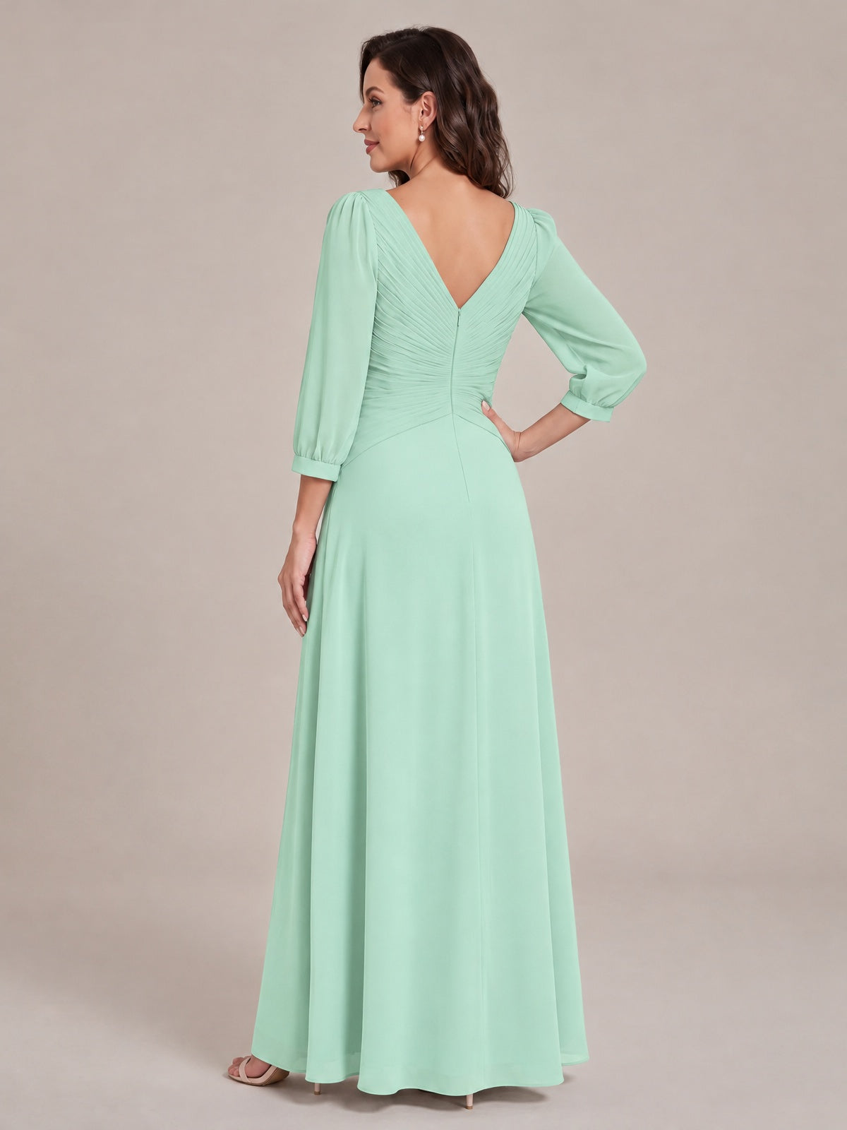 V-Neck Pleated Chiffon Mother of the Bride Dress with Flutter Sleeves