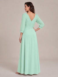 V-Neck Pleated Chiffon Mother of the Bride Dress with Flutter Sleeves