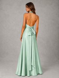 Sage Green Satin A-Line Bridesmaid Dress with Halter Neck