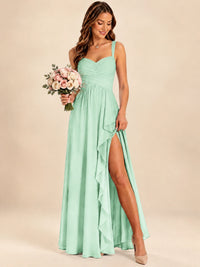 Spaghetti Straps Pleated Chiffon Bridesmaid Dress with Ruffle Slit