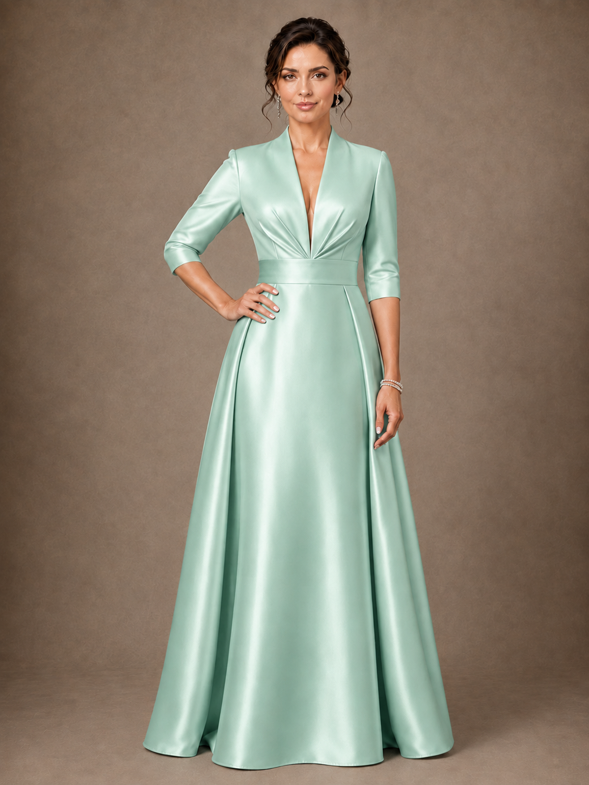 V-Neck Pleated Satin Mother of the Bride Gown with 3/4 Sleeves