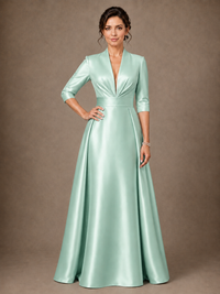 V-Neck Pleated Satin Mother of the Bride Gown with 3/4 Sleeves