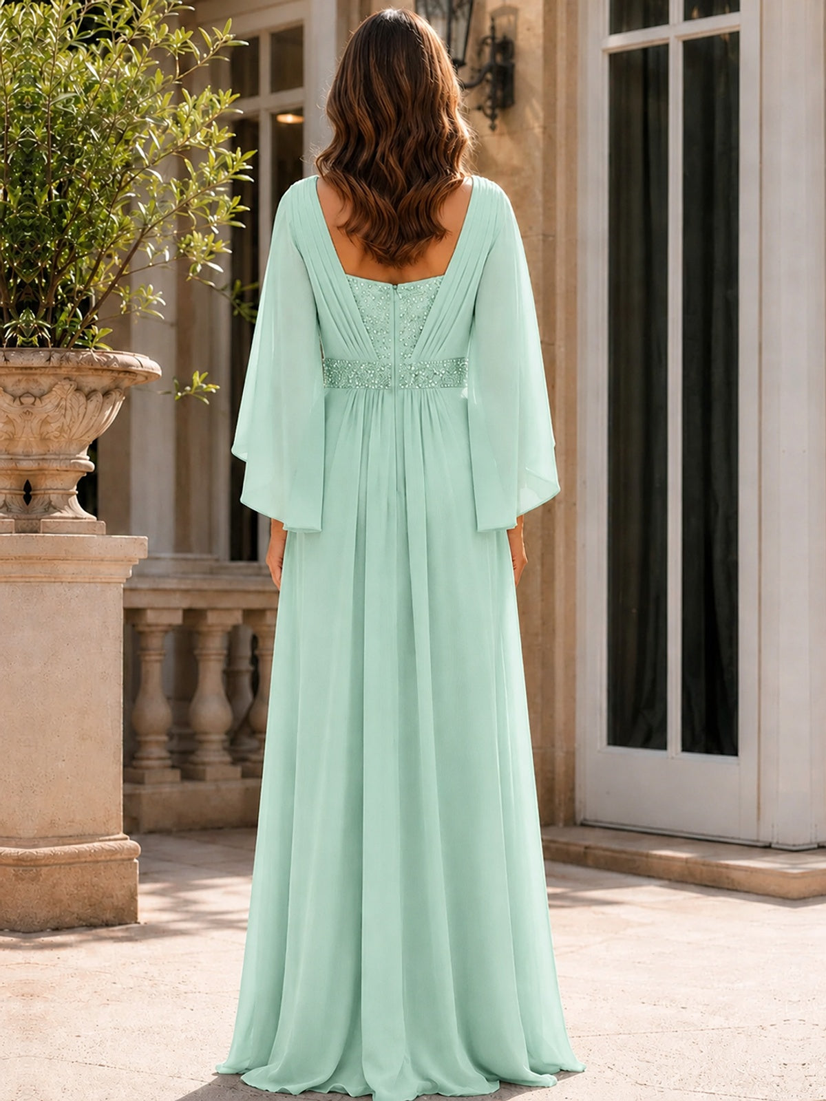 Elegant V-Neck Sequined Chiffon Mother of the Bride Dress with Flutter Sleeves