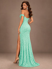 Off the Shoulder Corset Sequin Mermaid Prom Dress with Slit