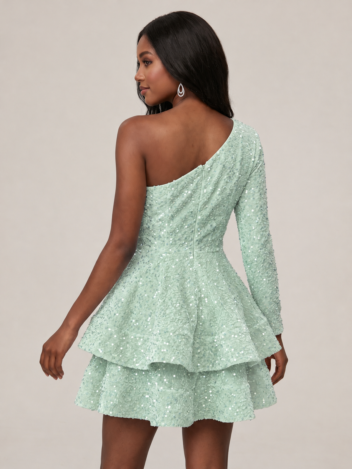 Puffy One Shoulder Sequin Tiered Mini Dress