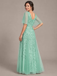 V-Neck Sequin Tulle Mother of the Bride Dress with Flutter Sleeve