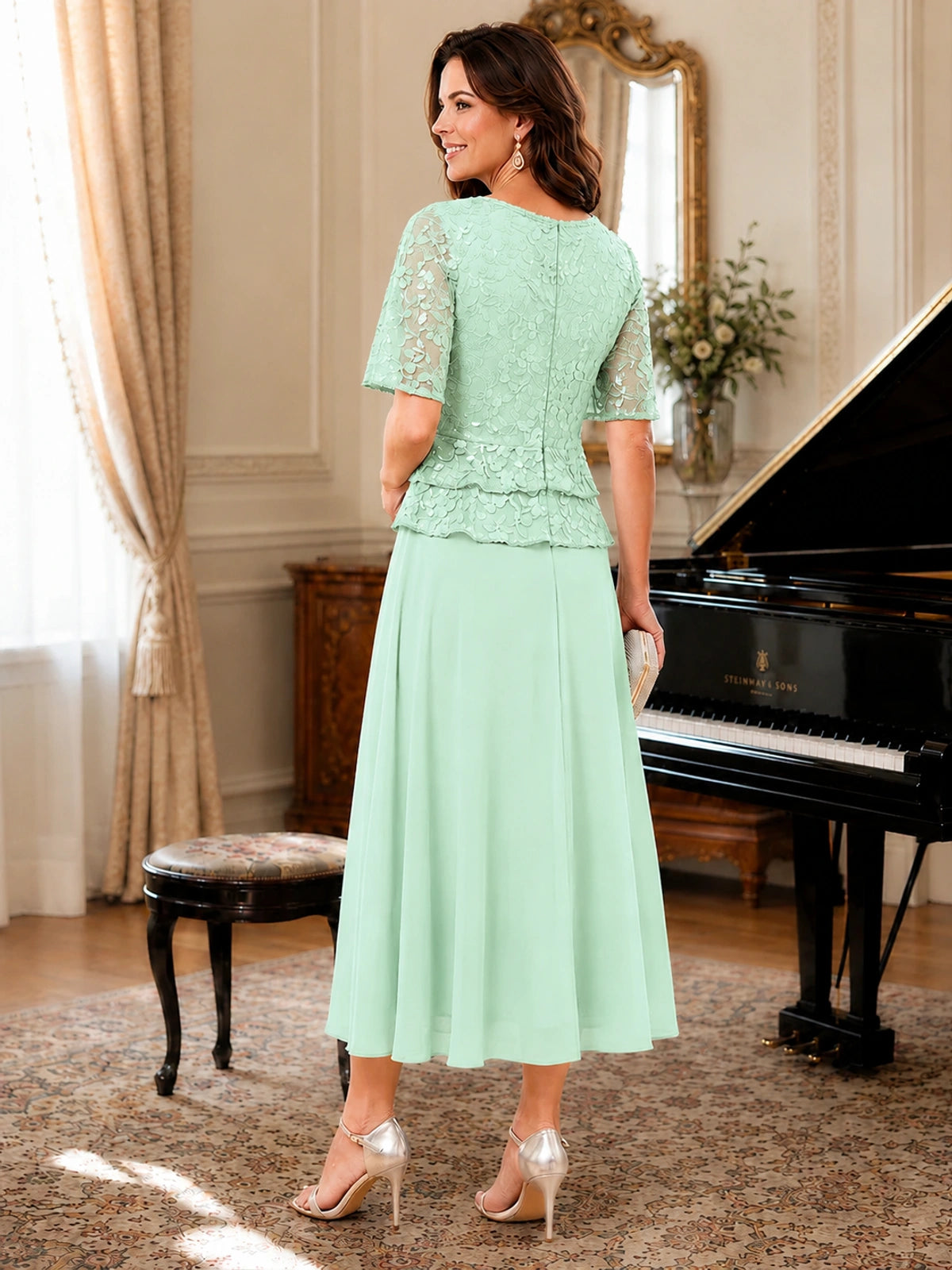 Tea-Length Chiffon Mother of the Bride Dress with Sequin Lace Sleeves