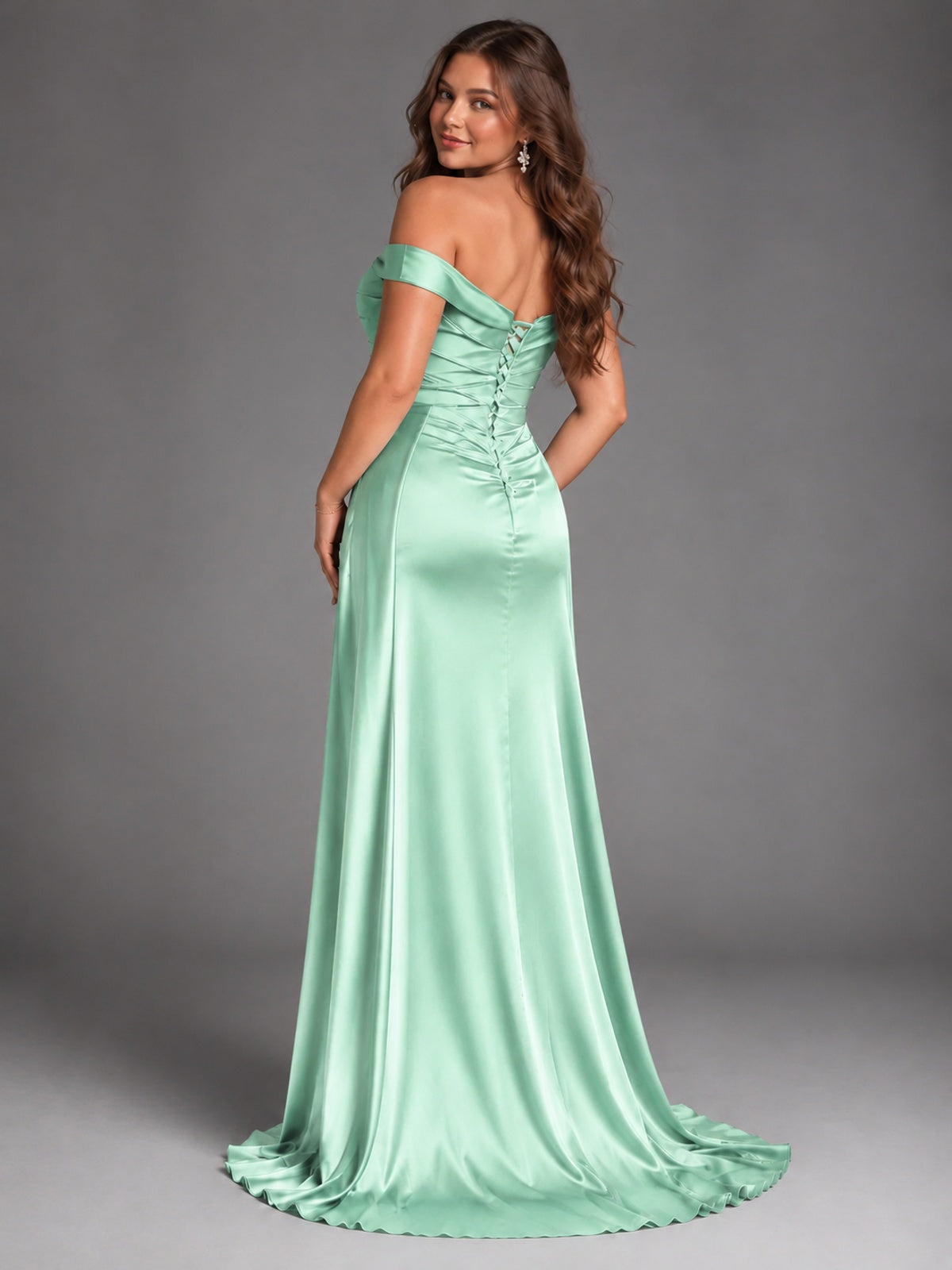 Off Shoulder Satin Maxi Dress with Slit