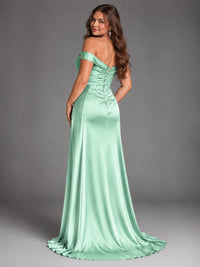 Off Shoulder Satin Maxi Dress with Slit