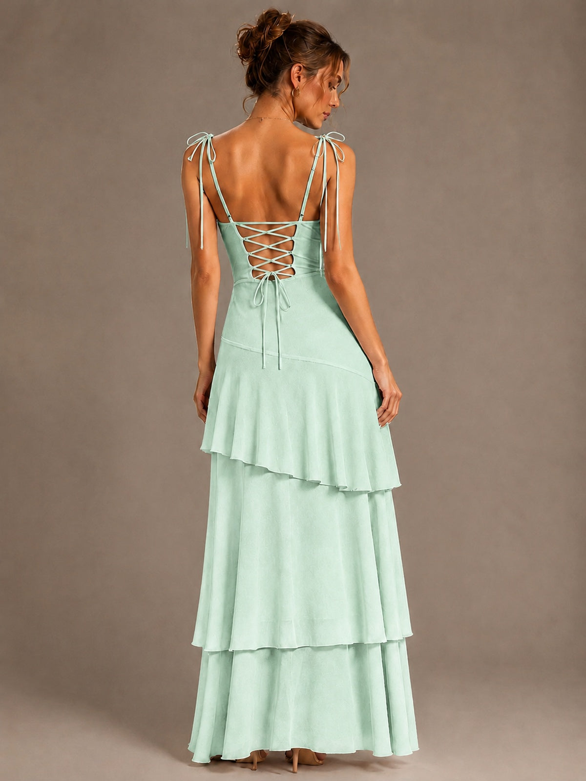 Spaghetti Strap Tiered Ruffles Chiffon Prom Dress
