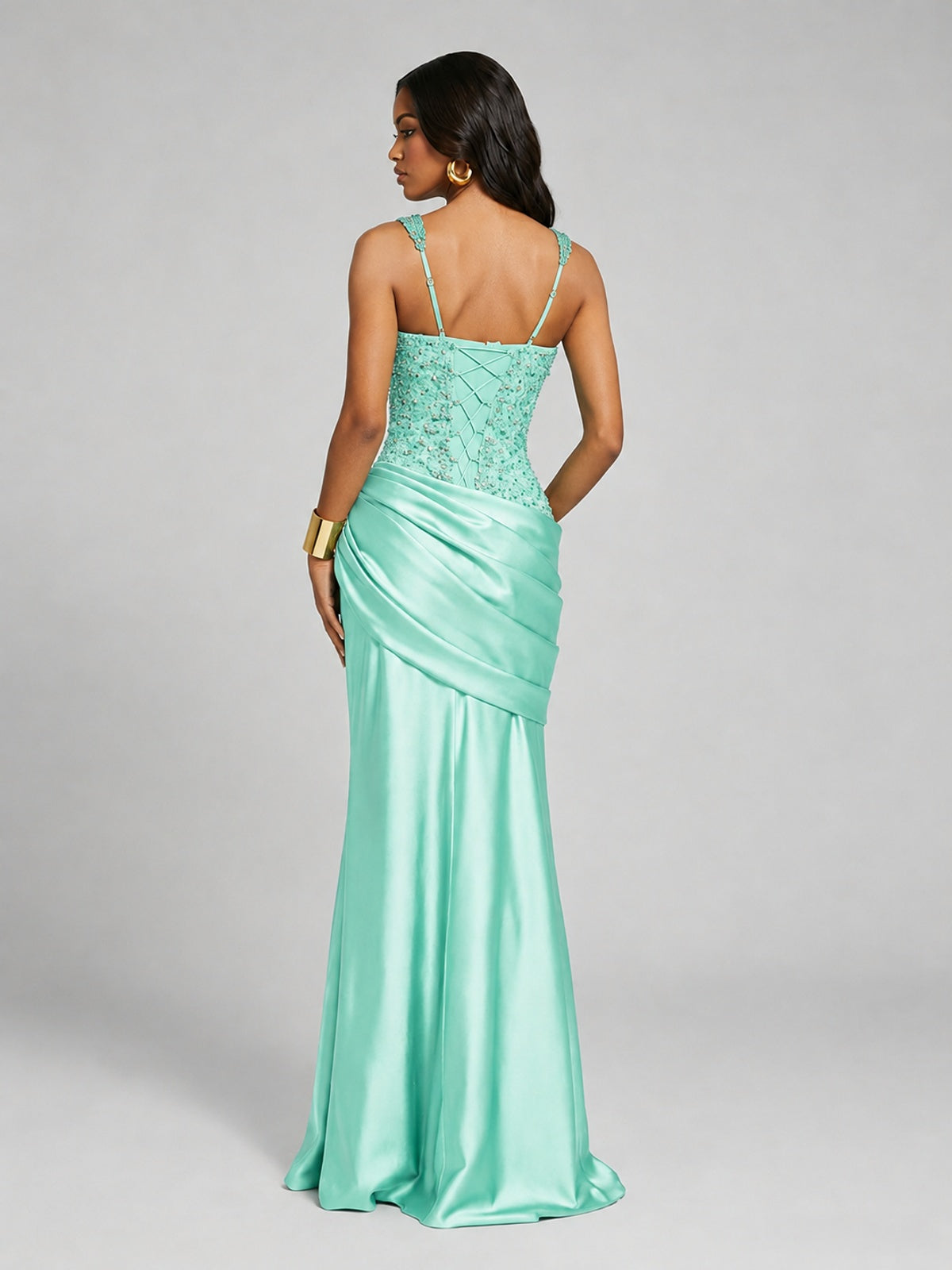 Scoop Neck Sequin Prom Dress with High Slit Satin Formal Gowns