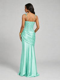Scoop Neck Sequin Prom Dress with High Slit Satin Formal Gowns
