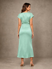 Cowl Neck Satin Mother of the Bride Dress with Ruched Waist