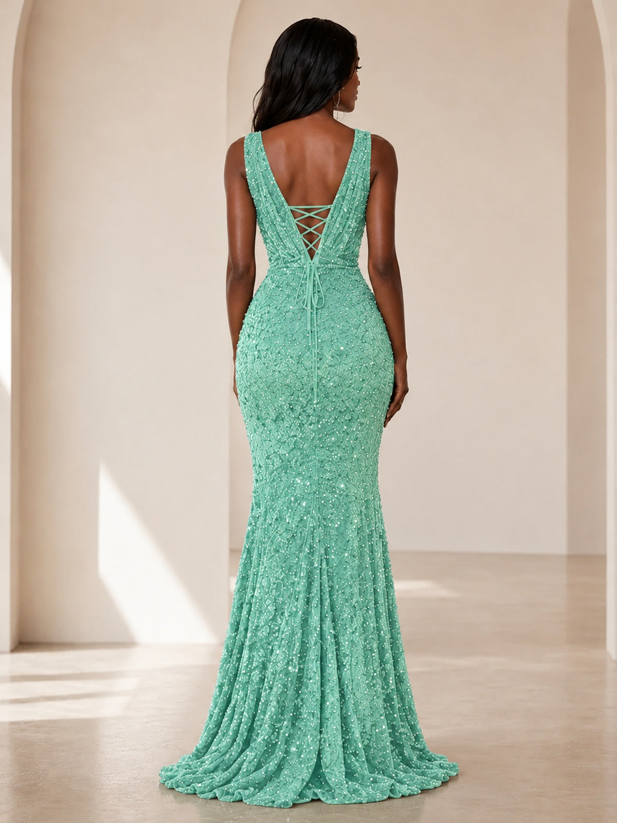 Sequin Mermaid Prom Dress with V-Neck and Ruched Waist