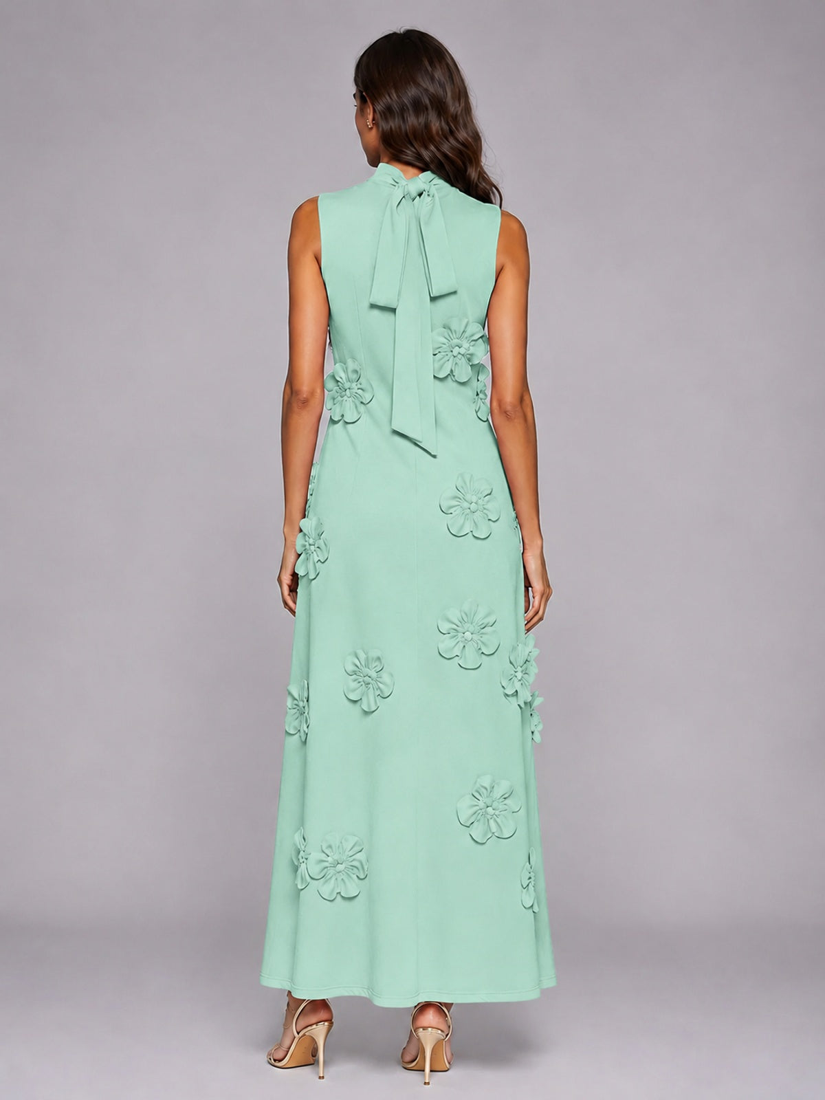 3D Floral Applique High Neck Prom Maxi Dress