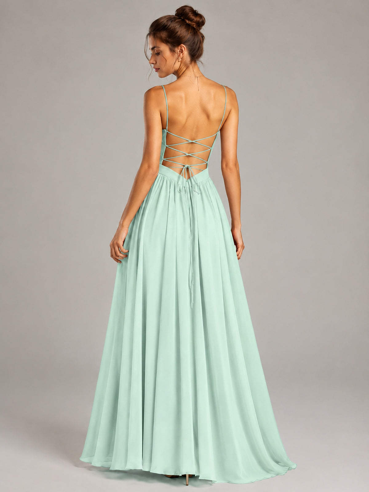 Spaghetti Strap Ruched Chiffon Maxi Dress with Backless