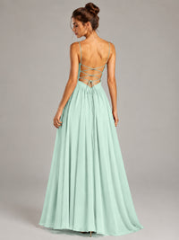 Spaghetti Strap Ruched Chiffon Maxi Dress with Backless