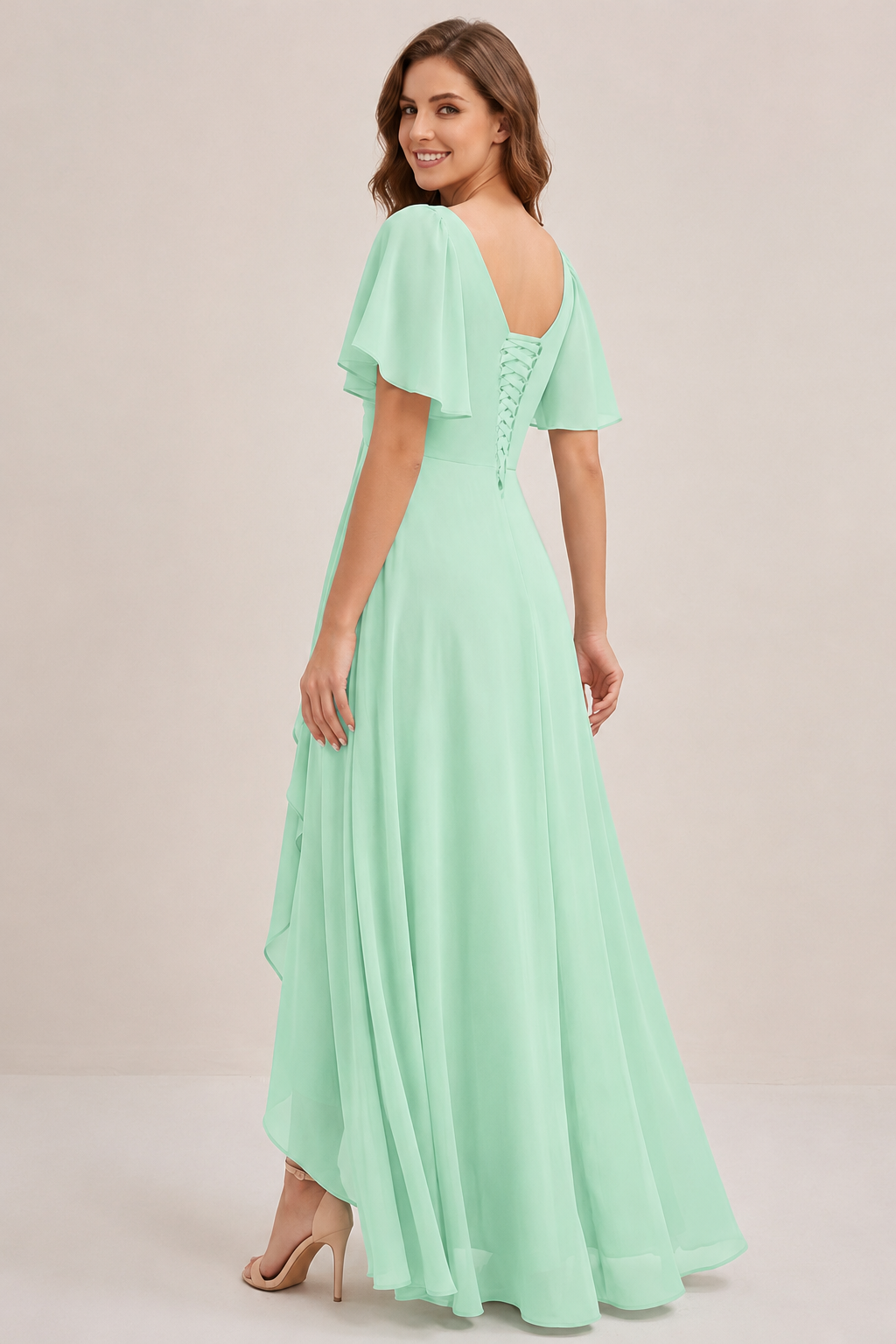 Dusty Blue Chiffon Bridesmaid Dress with Flutter Sleeves & High-Low Hem