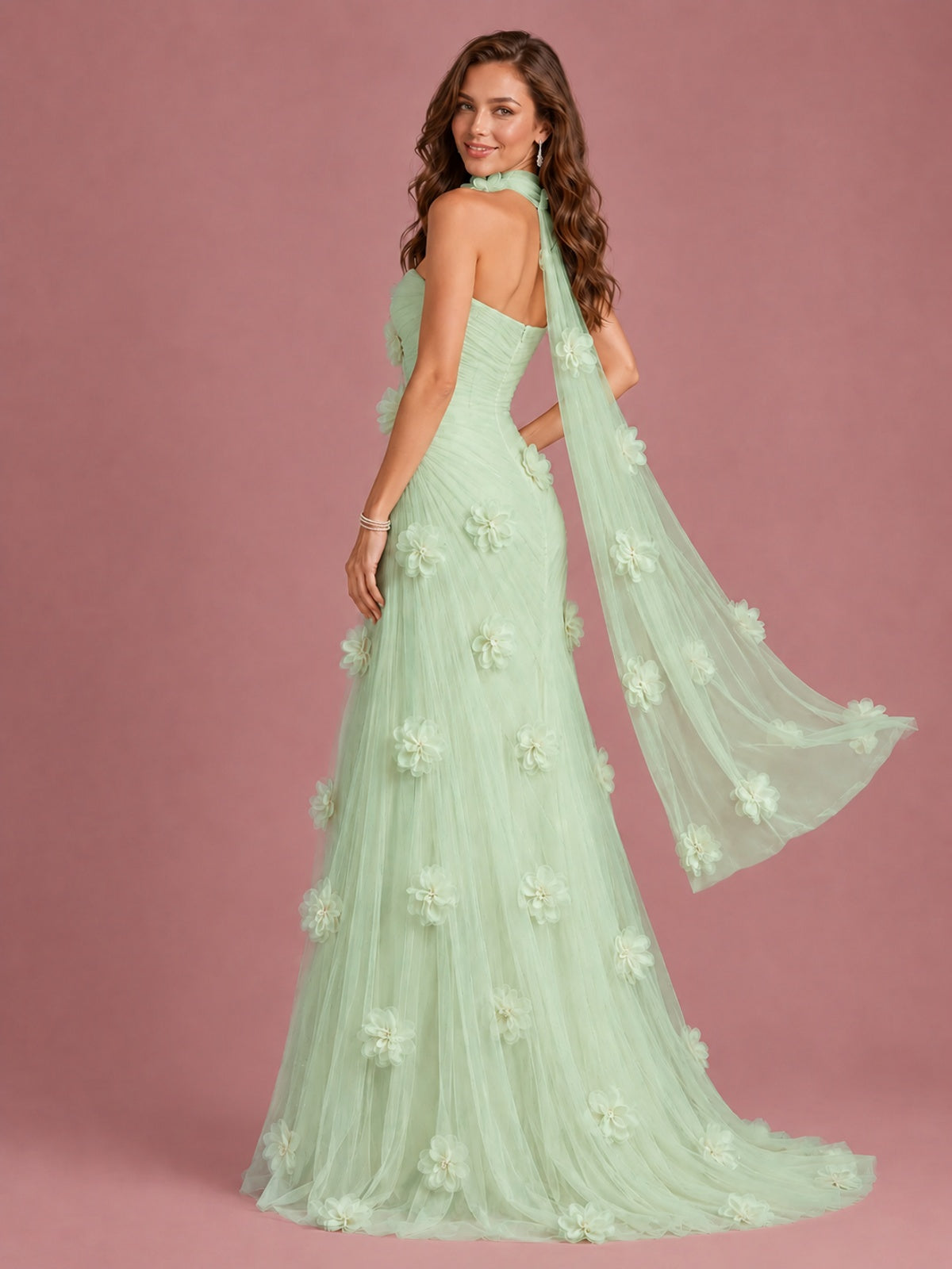 Blush Pink Strapless Sweetheart 3D Floral Tulle Mermaid Prom Dress