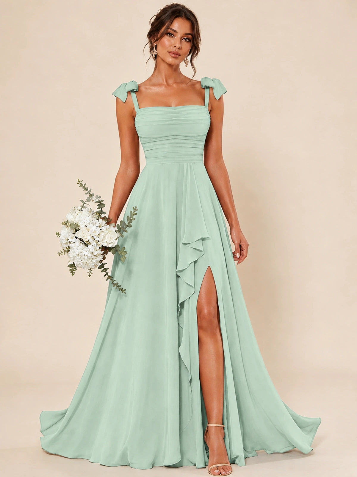 Ruffle Slit Chiffon A Line Scoop Neck Bridesmaid Dresses with Pockets
