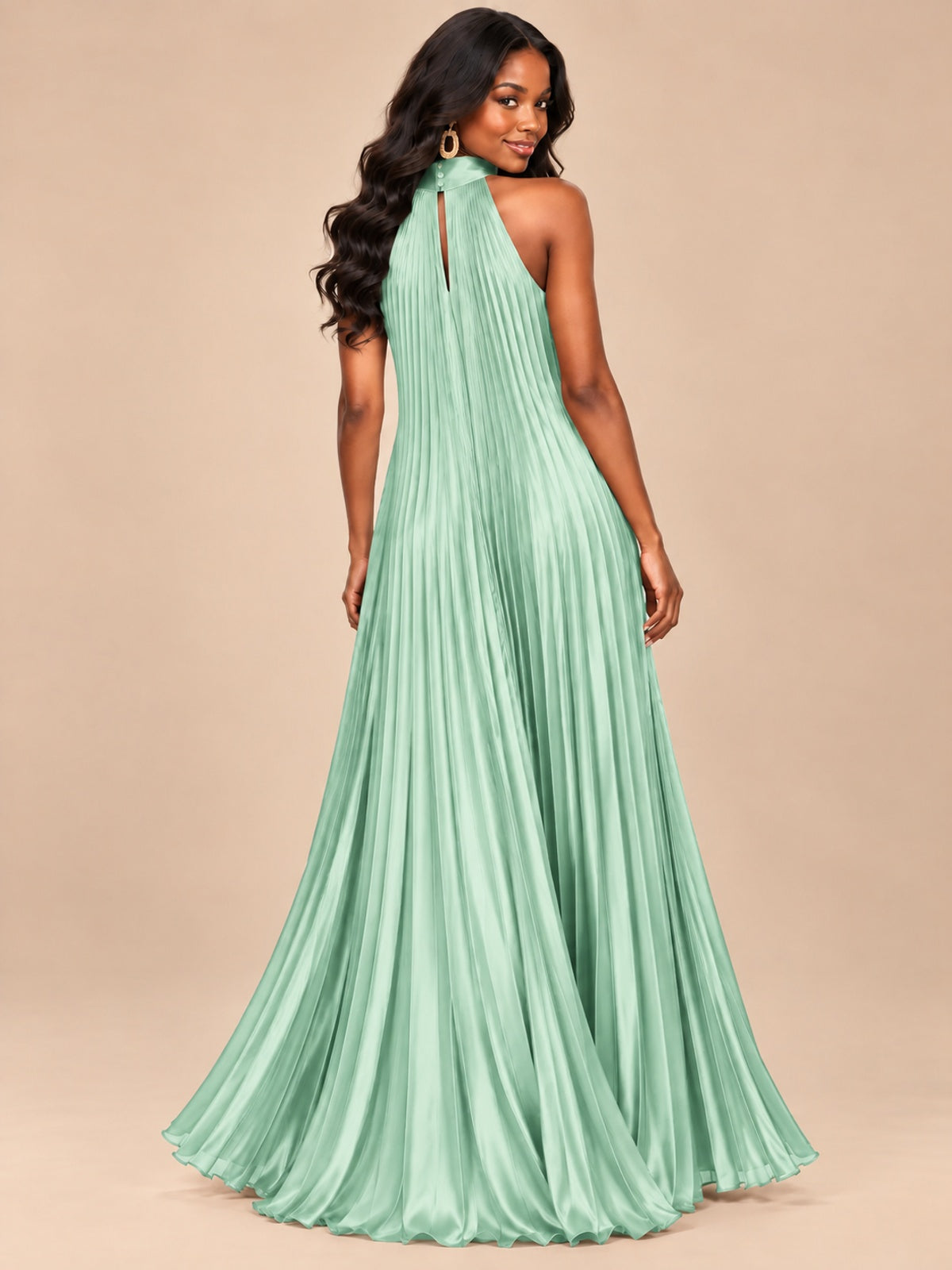 Rust Orange Pleated Halter Neck Maxi Dress
