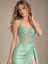 Mermaid Satin Prom Dress with Floral Appliqué Corset and High Slit