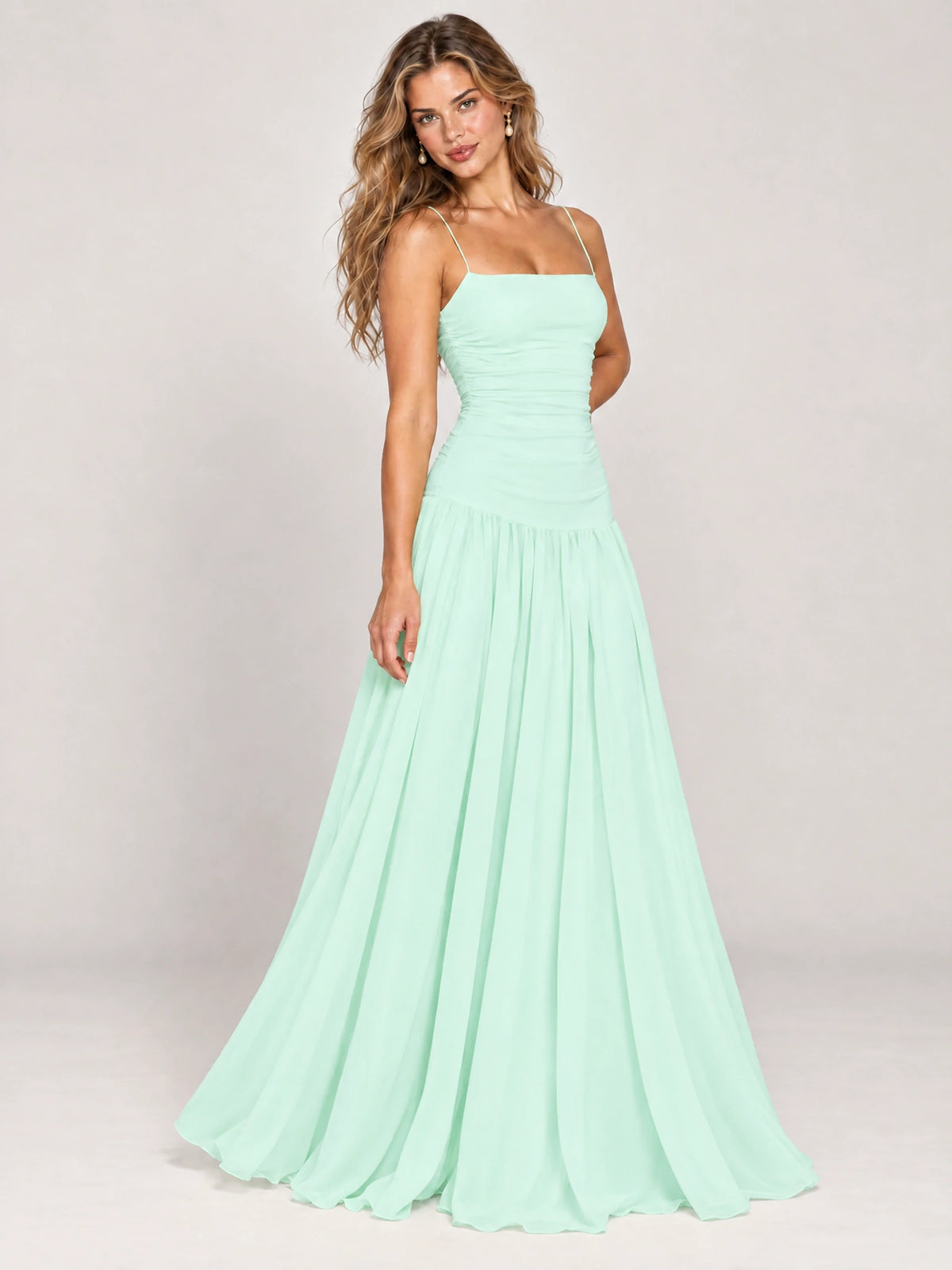 Butter Yellow Ruched Spaghetti Strap Drop-Waist Prom Dress
