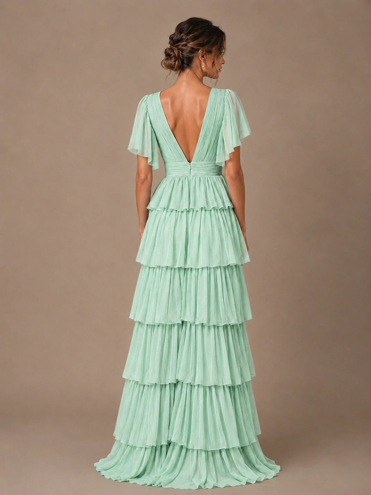 Chiffon V-Neck Tiered Ruffle Bridesmaid Dress with Slit