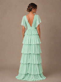 Chiffon V-Neck Tiered Ruffle Bridesmaid Dress with Slit