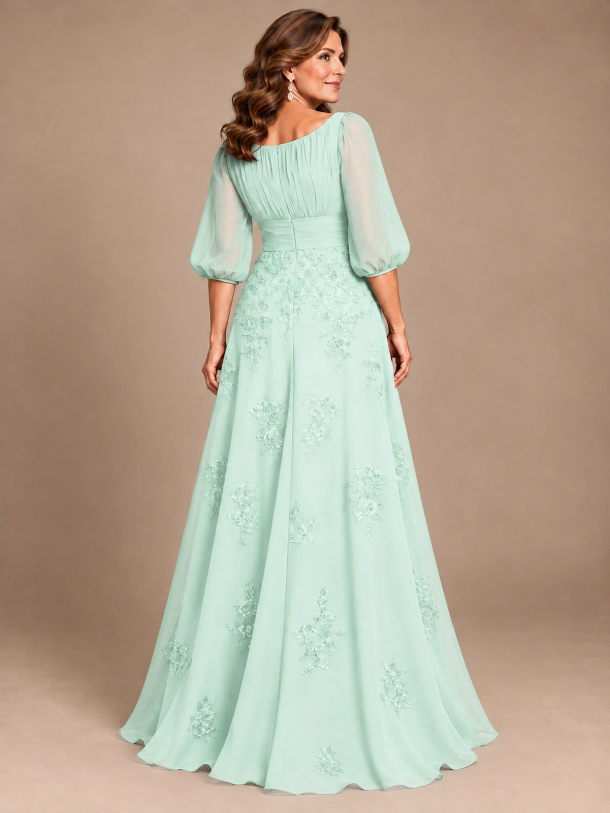 A-Line Mother of the Bride Dress with Sheer Puff Sleeves