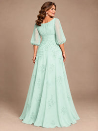 A-Line Mother of the Bride Dress with Sheer Puff Sleeves