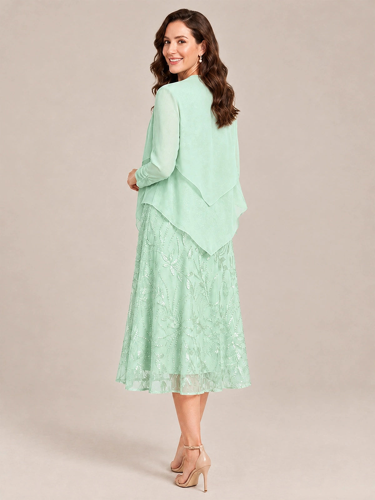Tea Length Sequin Lace Mother of the Bride Dress with Chiffon Jacket