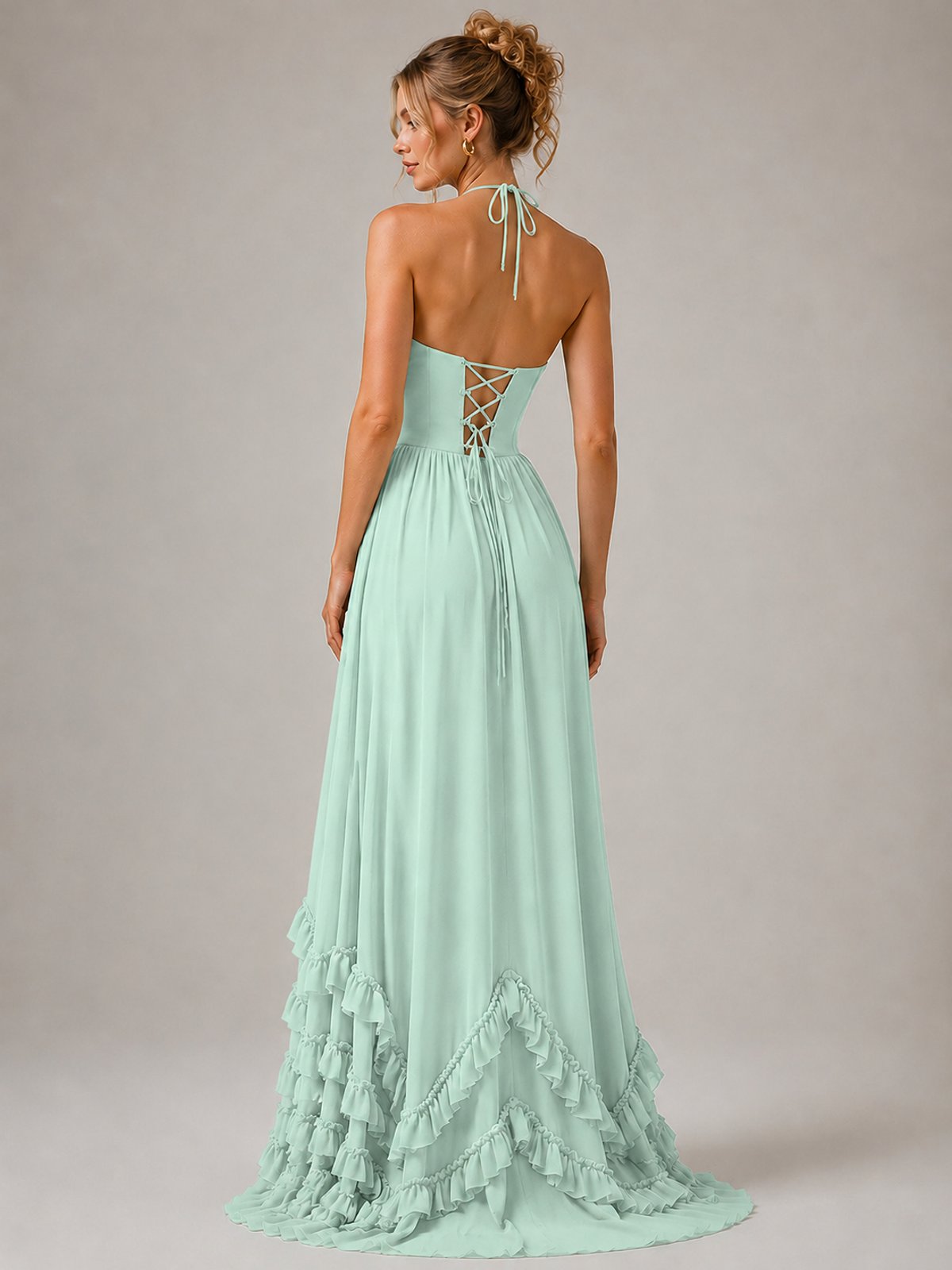 Halter V Neck Chiffon Formal Dress with Lace-Up Back and Ruffle Hem
