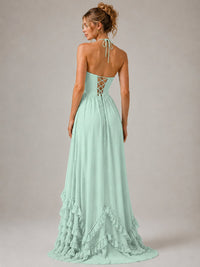 Halter V Neck Chiffon Formal Dress with Lace-Up Back and Ruffle Hem