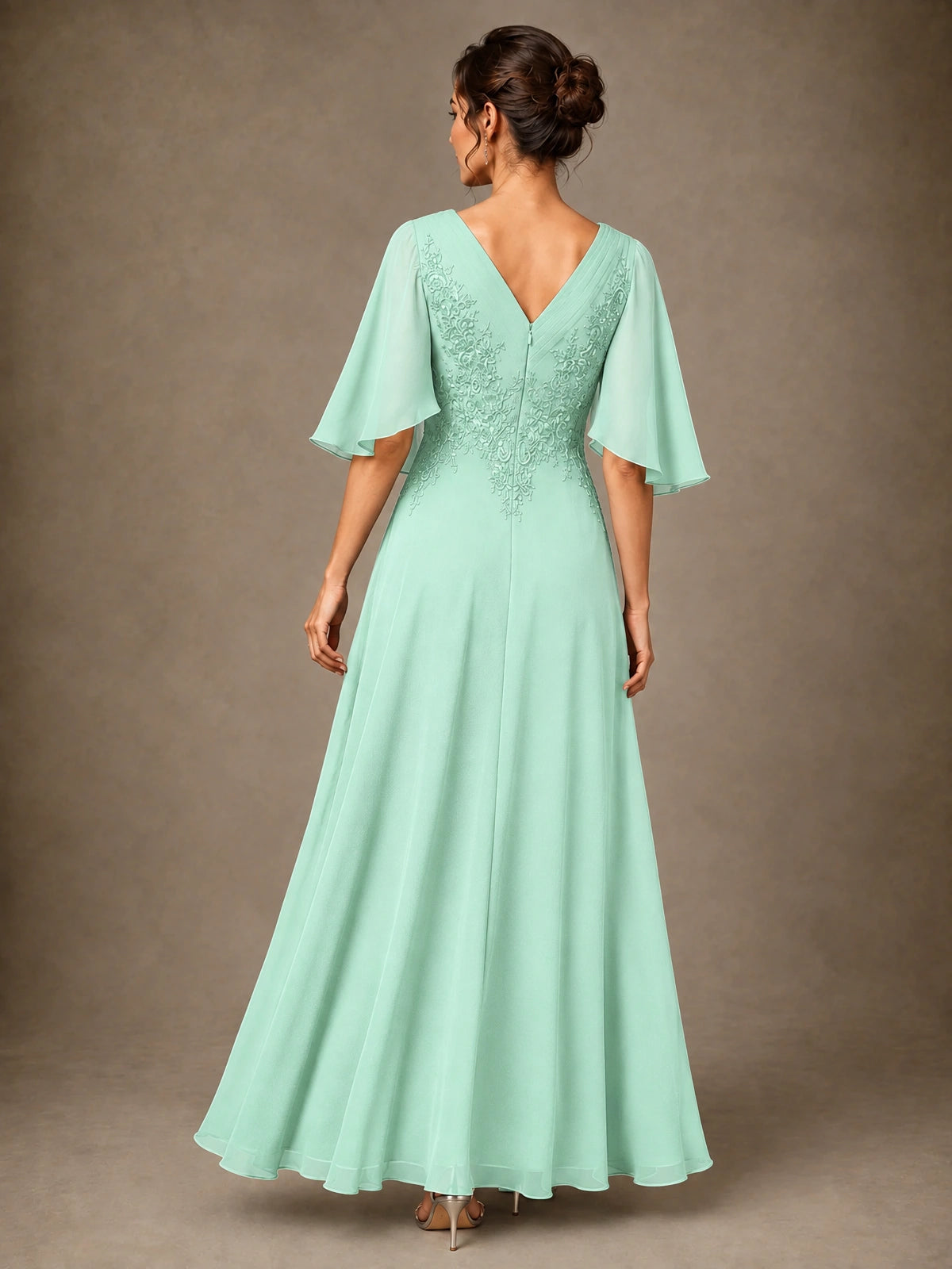 V-Neck Chiffon Lace Mother of the Bride Dress with Flutter Sleeves