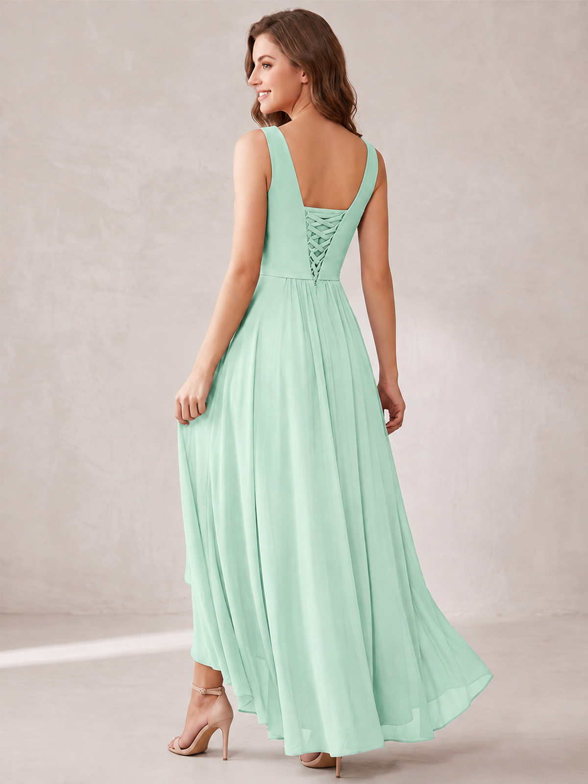 V-Neck High-Low Chiffon Bridesmaid Dress with Ruffles