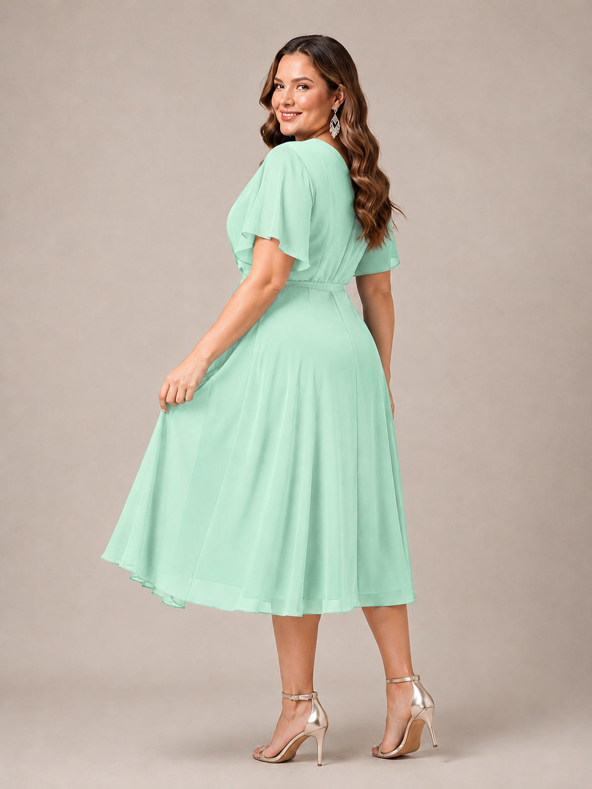 Navy Blue A-Line V-Neck Tea-Length Mother of the Bride Dress