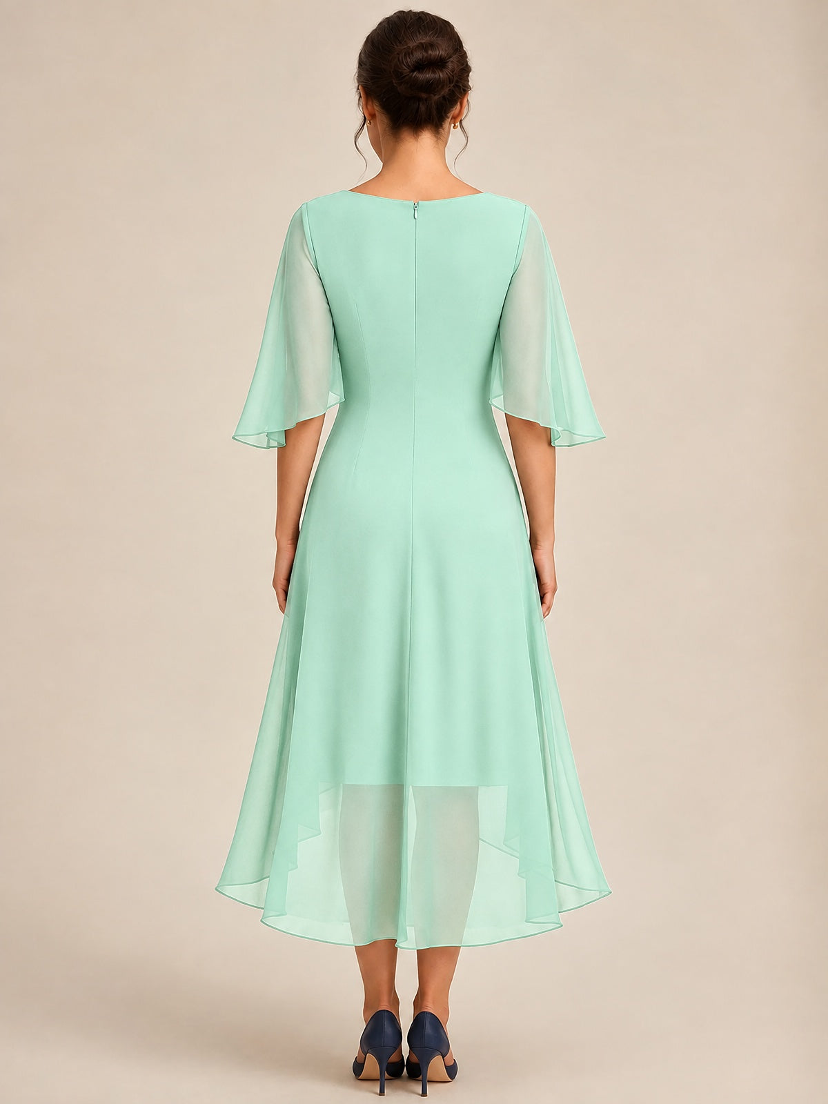 Cowl Neck Ruched Chiffon Mother of the Bride Dresses with Flutter Sleeves